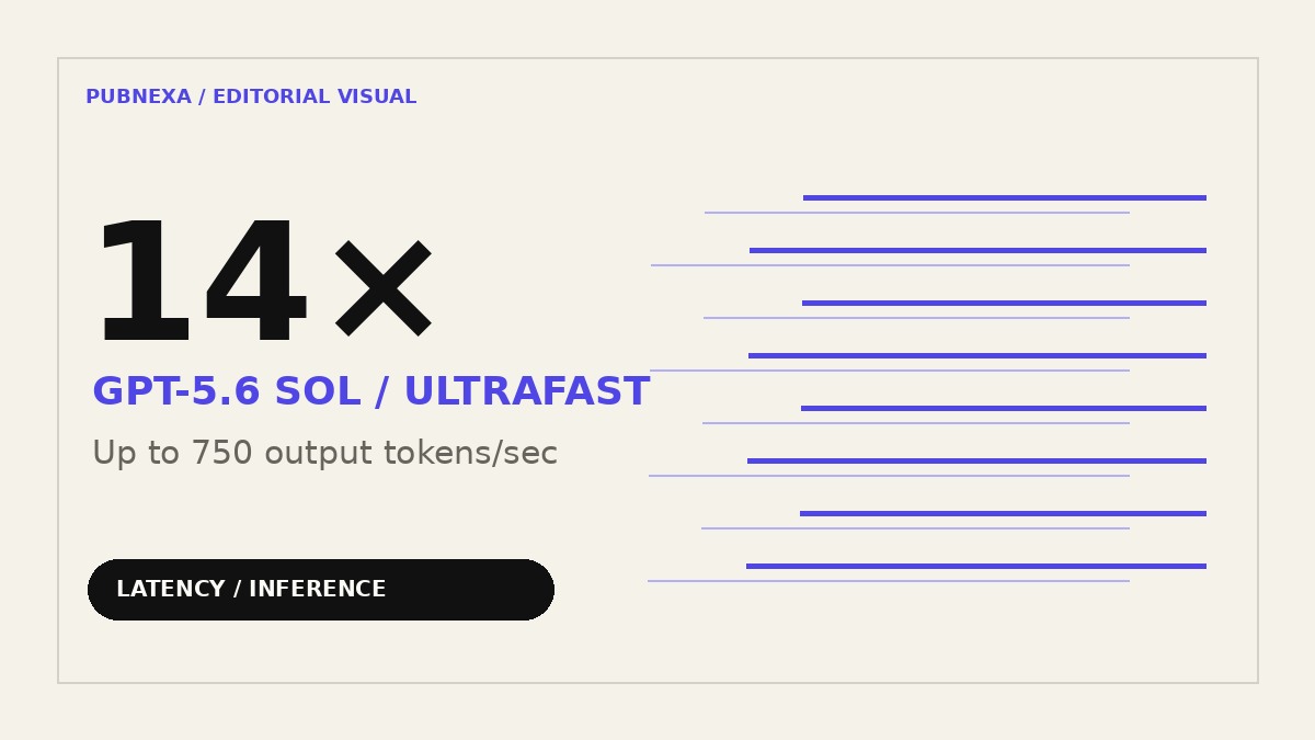 Pubnexa editorial visual for OpenAI previews Ultrafast for GPT-5.6 Sol at up to 14x the speed